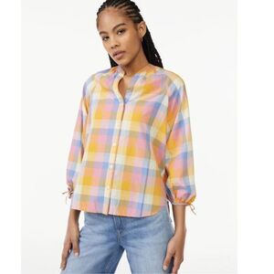 Free Assembly 100% cotton Button Down Top with 3/4-Length Tie Sleeves size XS